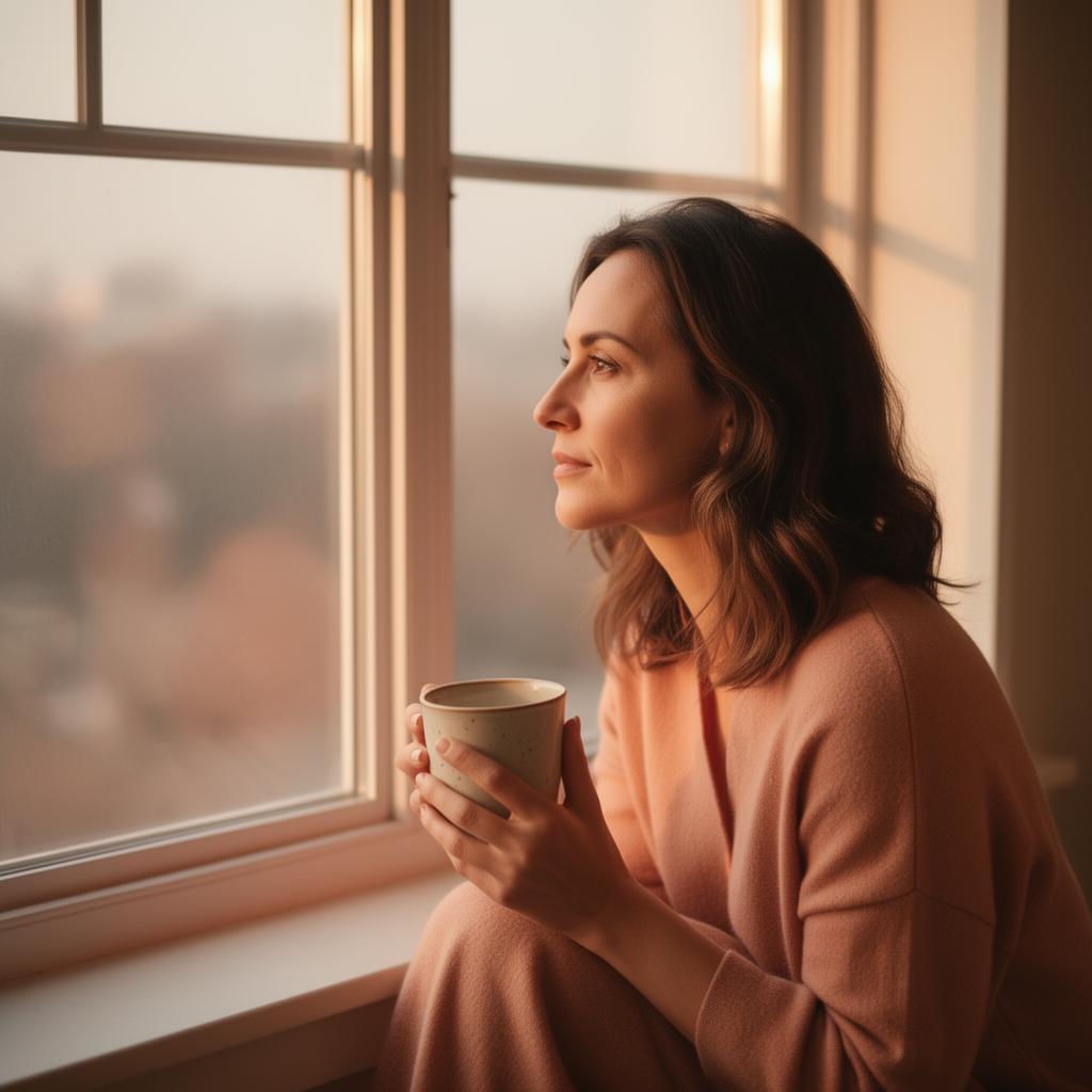 A woman pausing by a window with a warm cup, reflecting